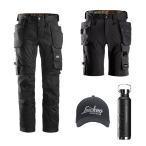 Snickers 6241 Trousers + 6175 Shorts + Cap + Bottle (Black) - 6241 trousers, 6175 shorts, 9041 cap and 9901 water bottle